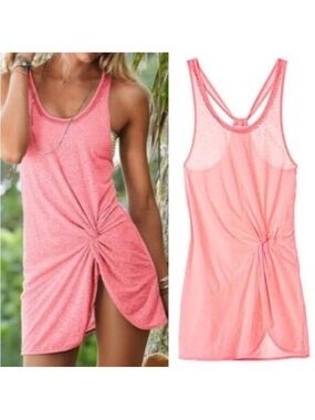 VICTORIA'S SECRET VS Knotted twist Tank Cover Up / Tunic Top Coral Pink Crochet